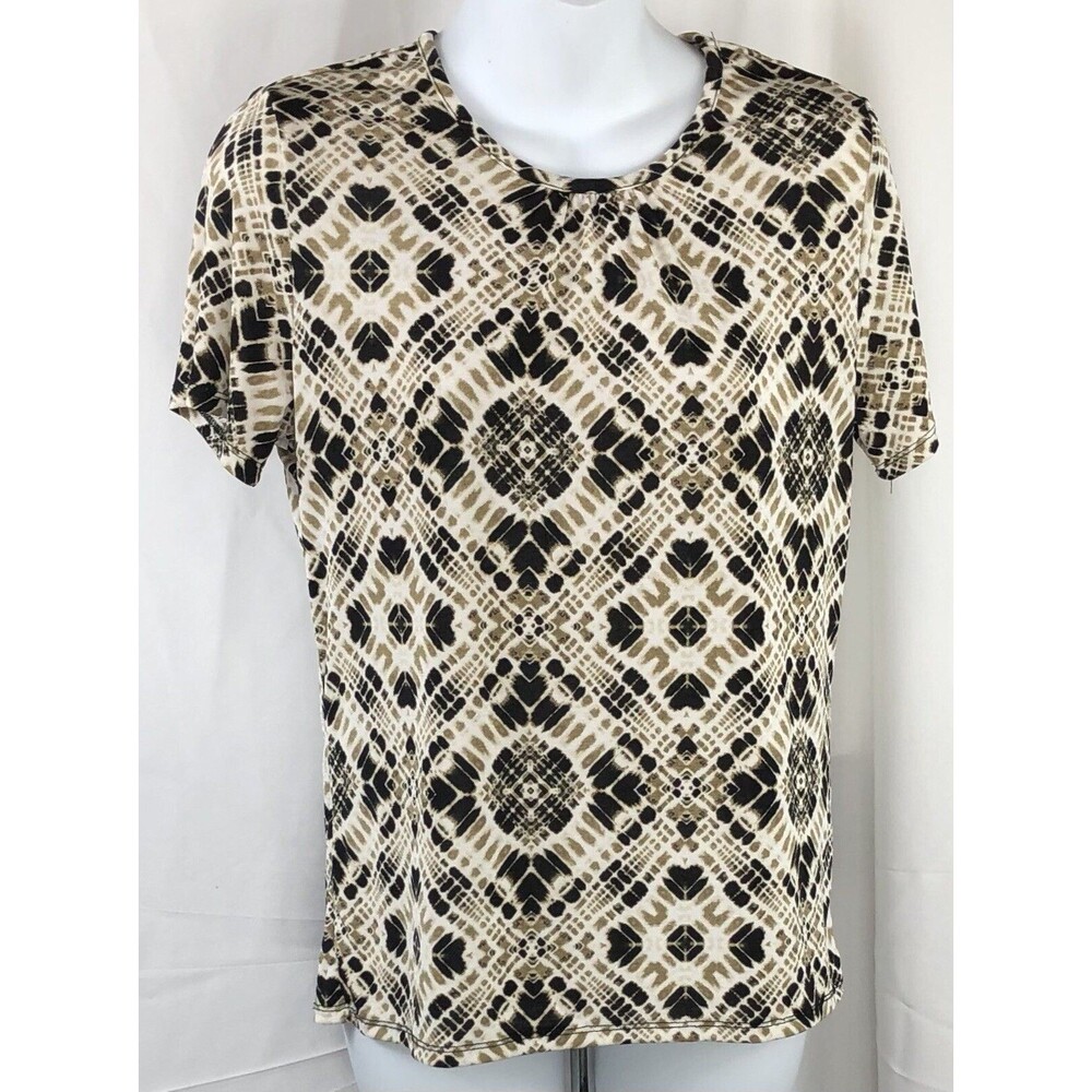 Jaclyn smith stretchy top s Tan Blk multi geo short sleeve Hippie 2000s Boho